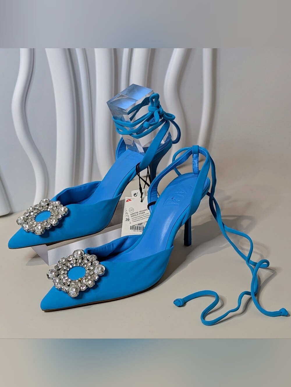 ZARA Blue Rhinestone Pointed Toe Wrap Heels NWT Size 39 US 8